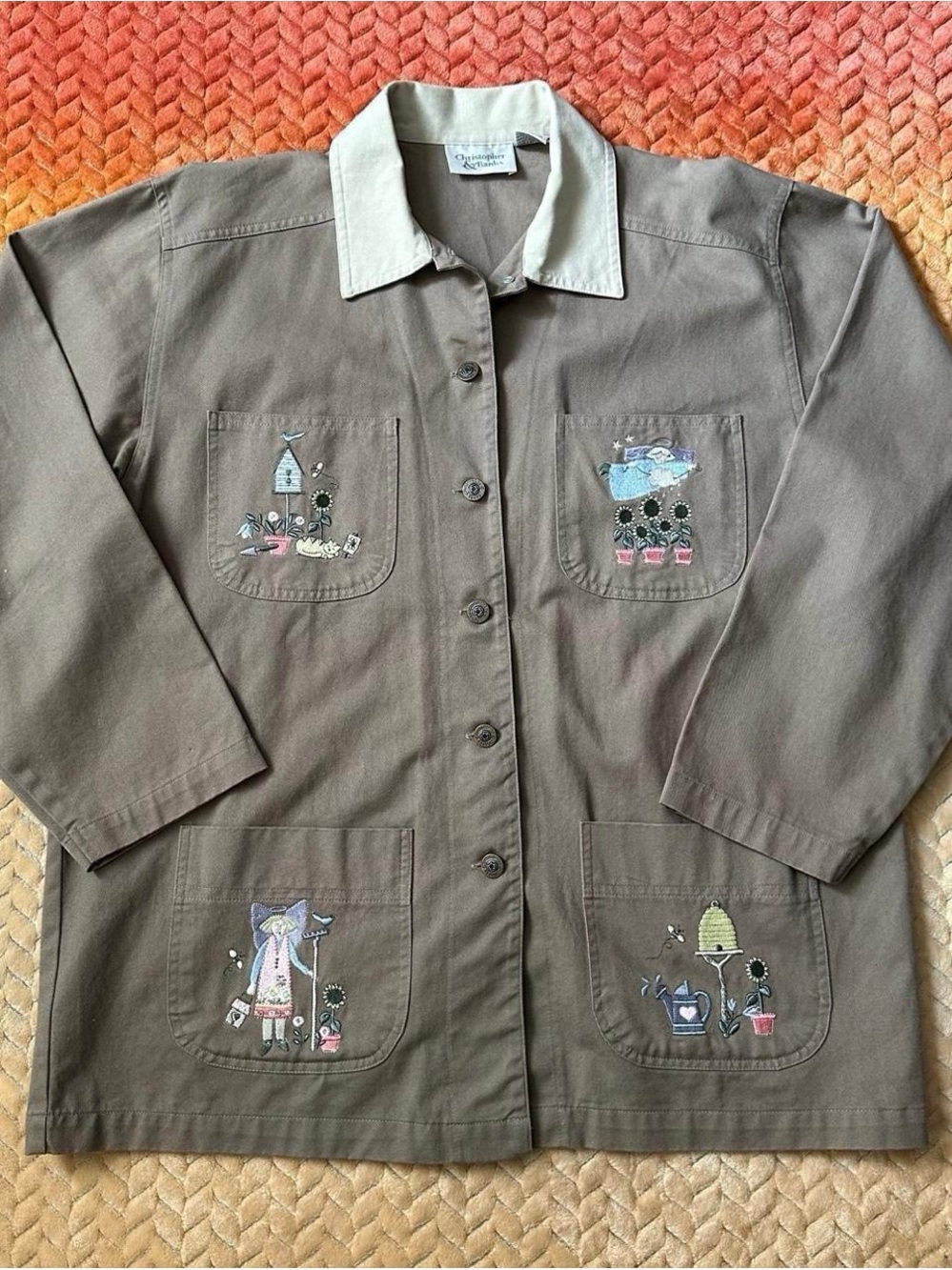 Vintage 90s Christopher & Banks Cute Taupe Utility Jacket with Cream Collar L - Picture 3 of 7